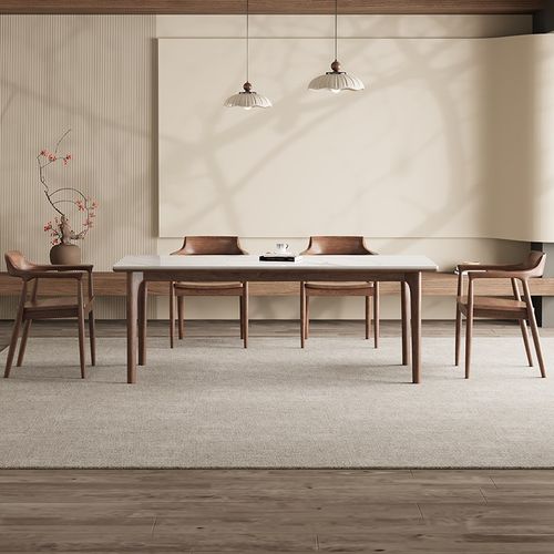 德利丰实木岩板餐桌全托家用奶油中古风高级感小户型长方形饭桌子