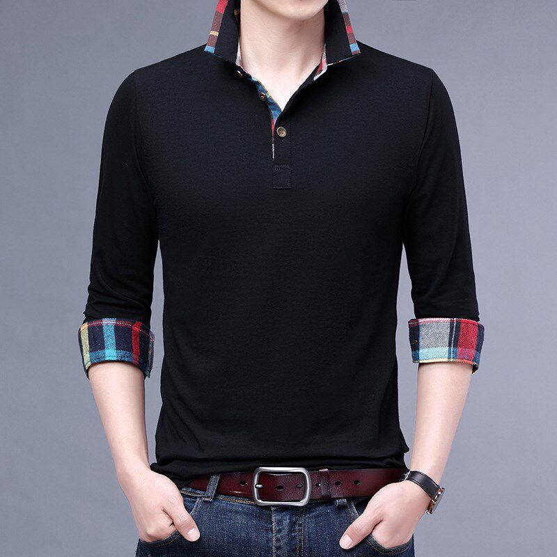 春秋男装纯棉宽松上衣寸衣加大码打底长袖t恤有衬衫领polo衫外穿