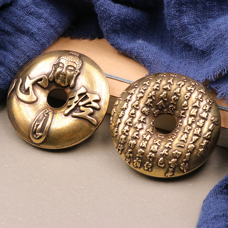 纯黄铜雕铸心经佛头平安扣镇纸实心铜圈手把玩铜艺铜饰摆件装饰