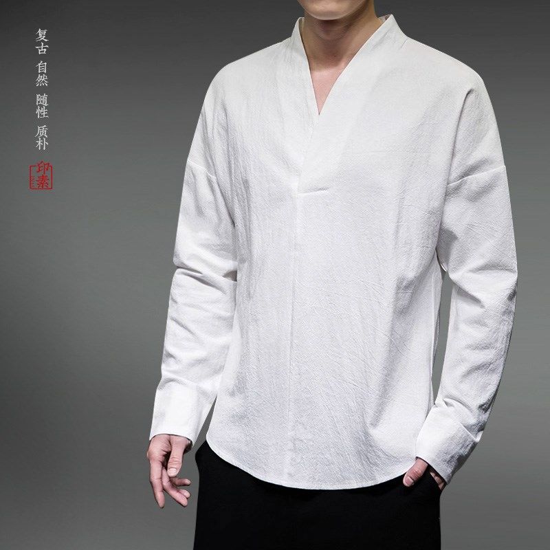 中国风春秋改良汉服男装中式外套居士服禅服白衬衫复古纯棉打底衫