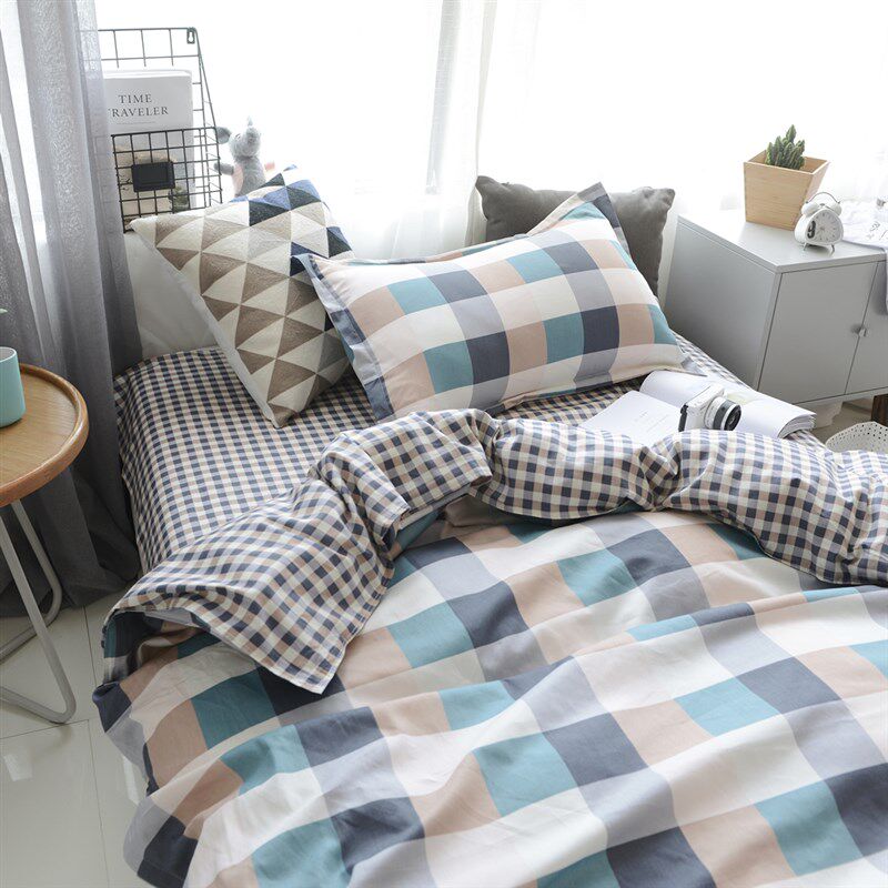 简约格子纯棉三件套100学生宿舍男女生全棉被套床单人1.2床上用品