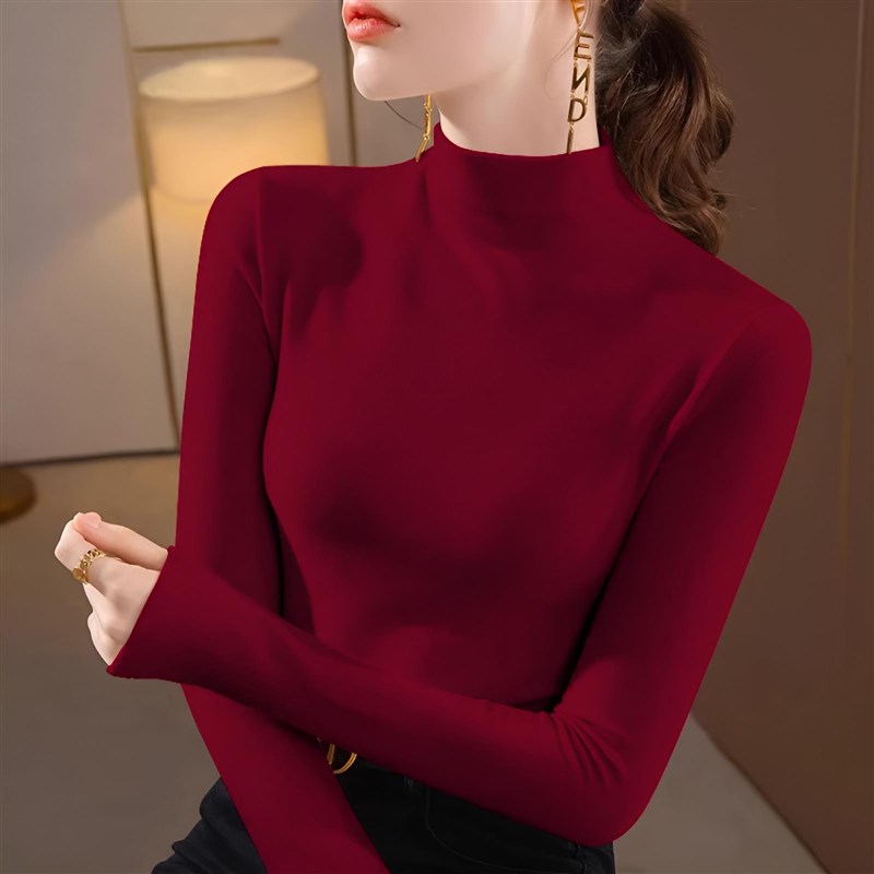 打底衫女秋冬内搭修身薄款半高领安哥拉红上衣洋气2025新款针织衫