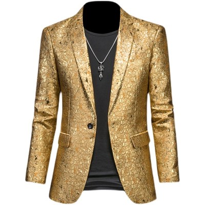 男士休闲时尚金黄色花西装外套修身大码宴会舞台表演礼服西服上衣