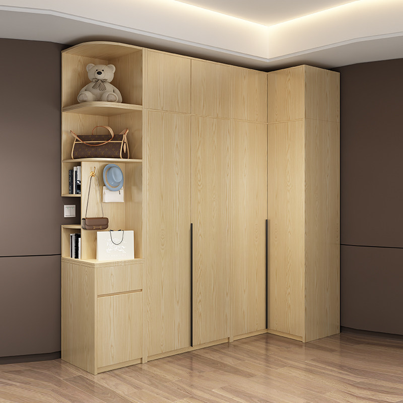 L型转角衣柜90度家用卧室小户型衣柜书桌一体组合电脑桌原木亮光