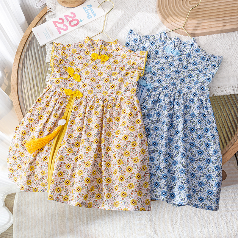 女童连衣裙夏装2022新款儿童洋气碎花裙子宝宝旗袍时髦背心公主裙