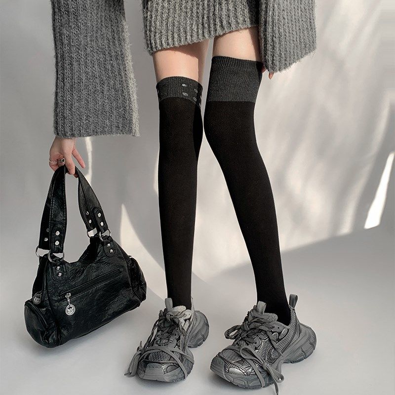 夜间教习室过膝长筒袜女春秋拼接袜子防下滑黑灰拼色高筒jk大腿袜,女士内衣/男士内衣/家居服,长筒袜,淘宝优惠券,粉丝福利购,淘宝优惠卷