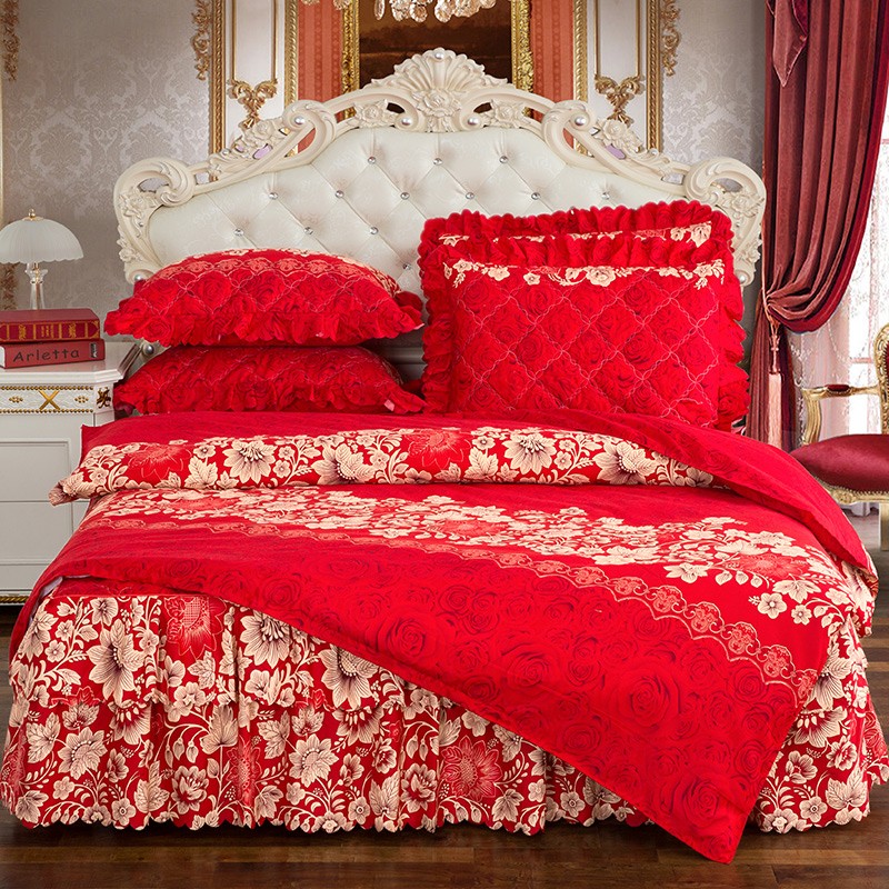 结婚庆大红色四件套欧式秋冬夹棉床裙防滑加厚加大床罩款床单套件