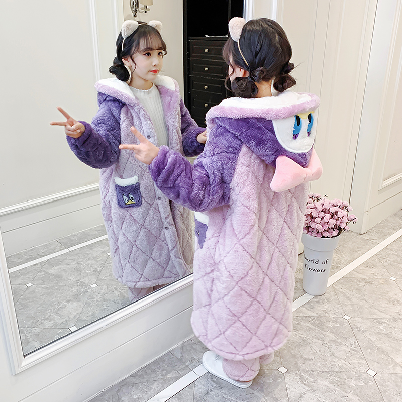 儿童睡衣秋冬季加厚款三层夹棉女童孩珊瑚绒法兰绒睡袍紫鸭家居服