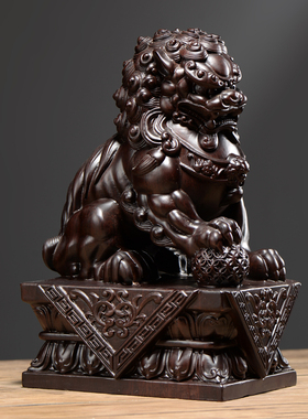 黑檀木雕狮子摆件实木一对宫门狮家居办公桌面装饰工艺品开业送礼