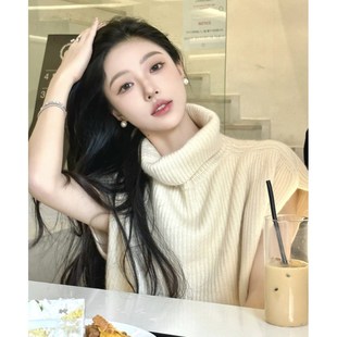 秋冬韩国时髦温柔姐姐高领无袖羊毛背心针织马甲套头毛衣宽松显瘦