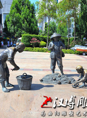 玻璃钢人物雕塑定做渔民铸铜民俗打渔雕像一家三口渔文化户外铜雕
