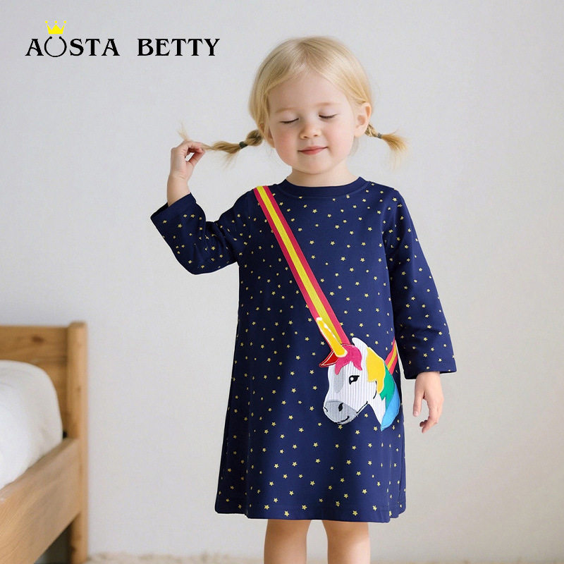 女童长袖连衣裙可爱绣花公主裙针织棉中小童裙girldress for fall