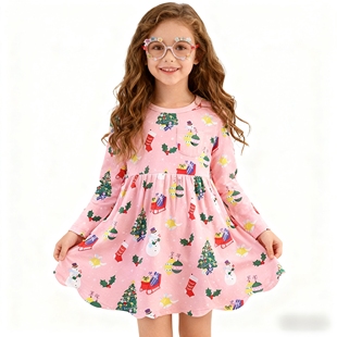 春秋女童长袖连衣裙针织棉卡通圆领公主裙girl dress for fall