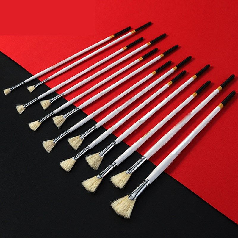 6支装猪鬃扇形水粉水彩画笔初学者丙烯颜料笔刷子油画笔套装