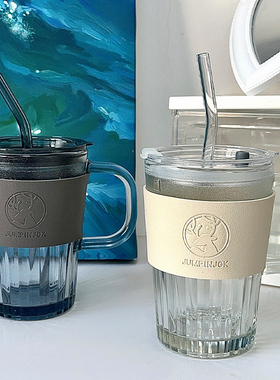 JUMPINJOK 吸管杯高颜值带把玻璃水杯高级感办公室咖啡杯子男女生