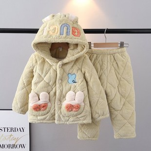 冬季儿童睡衣法兰绒三层加厚夹棉套装女童中大童小白兔连帽家居服