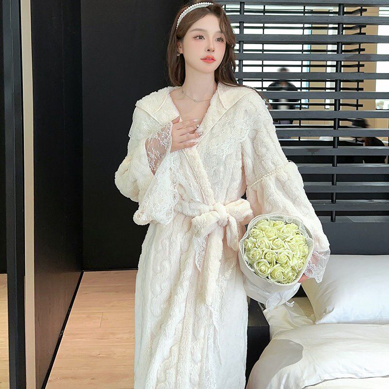 法式蕾丝睡袍女秋冬季珊瑚绒长款性感系带高级感浴袍睡裙公主睡衣