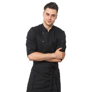 新款厨师工作服夏季厨衣酒店厨师长单排扣西餐厨师服七分袖黑色