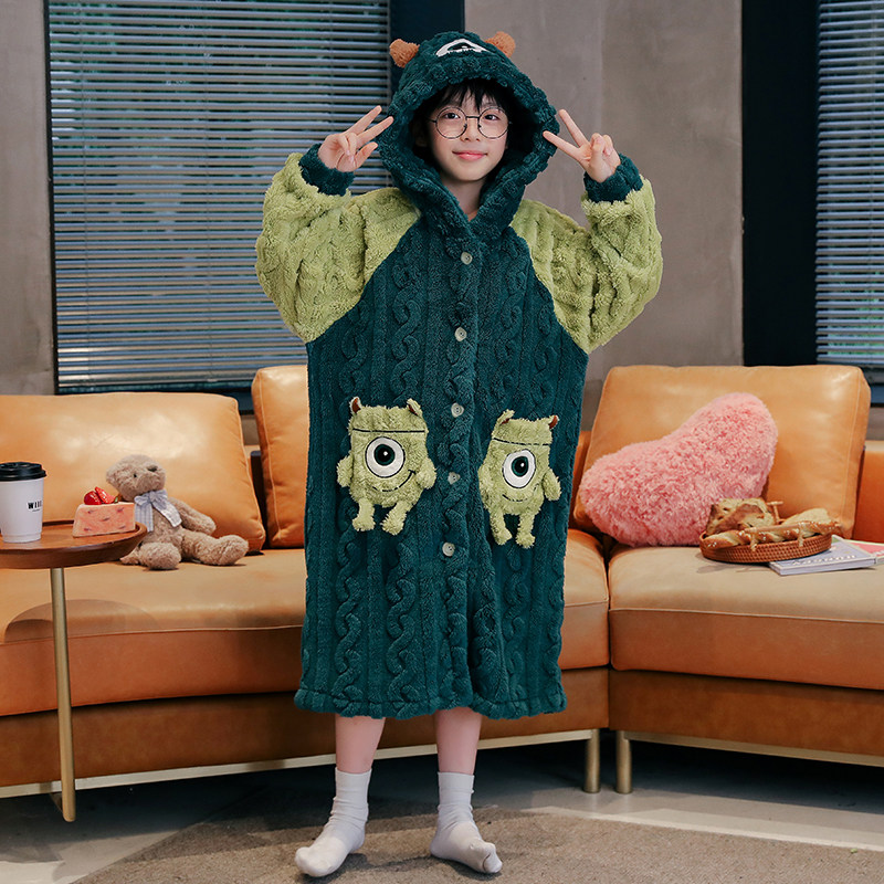 儿童睡袍男童冬季珊瑚绒加厚保暖卡通连帽长版睡衣男孩法兰绒浴袍