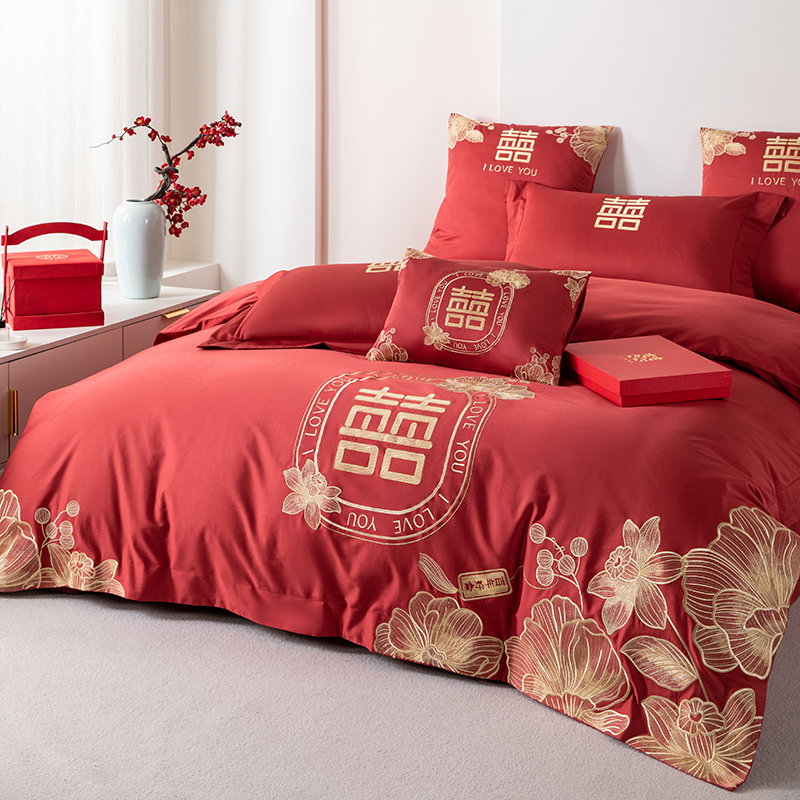 高端陪嫁婚庆四件套100S长绒棉纯棉被套红色结婚喜被送礼床上用品