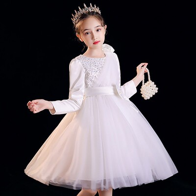 春秋冬儿童婚纱裙子花童公主裙女童装白色长袖连衣裙蓬蓬演出礼服