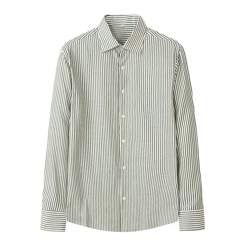意式轻熟男 泡泡纱舒适透气亲肤长袖条纹衬衫男士春季绿色衬衣潮