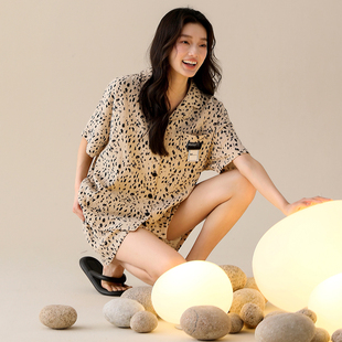 女士睡衣夏季纯棉纱布短袖高级感豹纹外穿家居服夏天薄款开衫套装