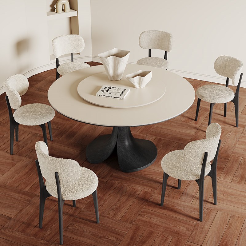 法式复古岩板餐桌圆桌哑光2024新款小户型黑色实木圆形餐桌带转盘