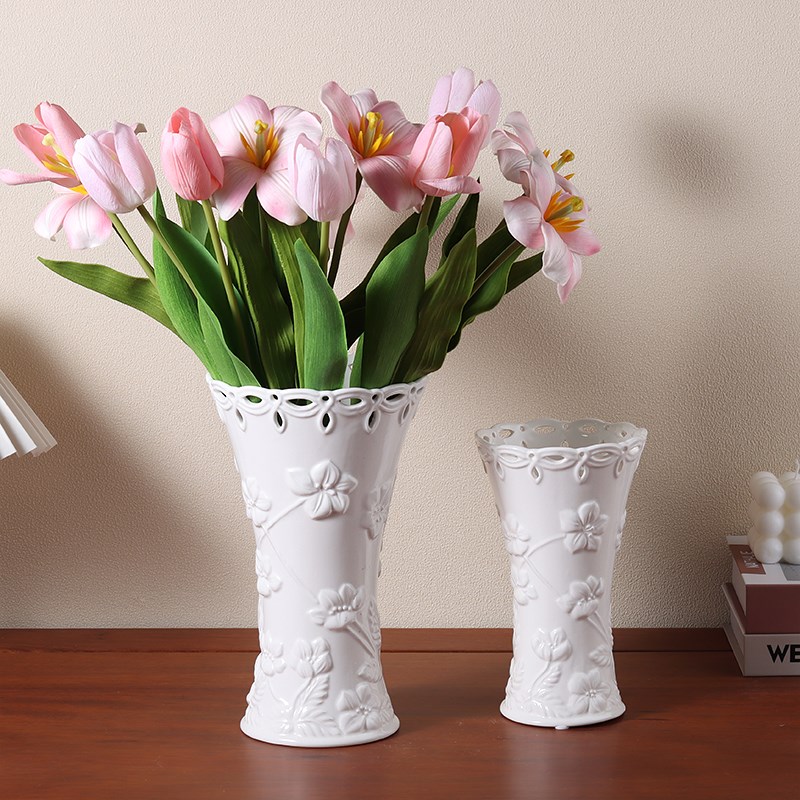 法式浮雕白色陶瓷花瓶摆件大口水培鲜花平替Lenox花朵镂空送礼