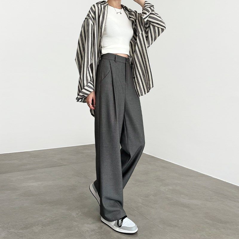 羊毛灰色裤子女秋冬2024新款高腰窄版休闲高端毛呢直筒西装阔腿裤