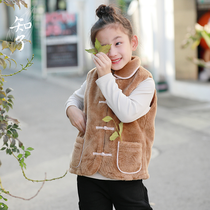 知了童装 女童中大童中式毛绒棉背心厚马甲冬装棉服K2726