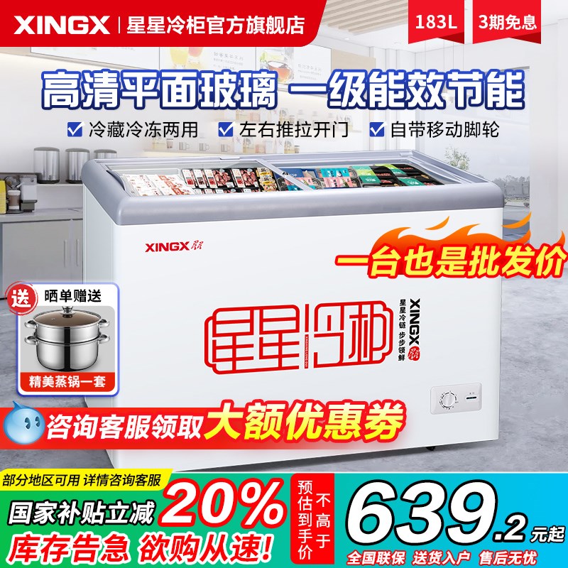星星冰柜展示柜商用小型183/253B钢化玻璃推拉门雪糕柜冷藏保鲜柜
