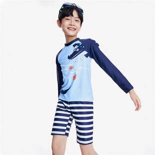 安奈儿男童长袖分体游泳衣裤帽3件套装2023夏季新款防晒弹力卡通