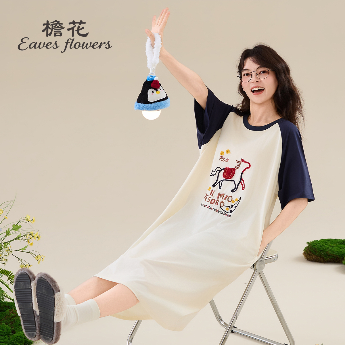 檐花纯棉短袖睡裙女可爱夏季长裙带胸垫有口袋长款睡衣2026新款夏