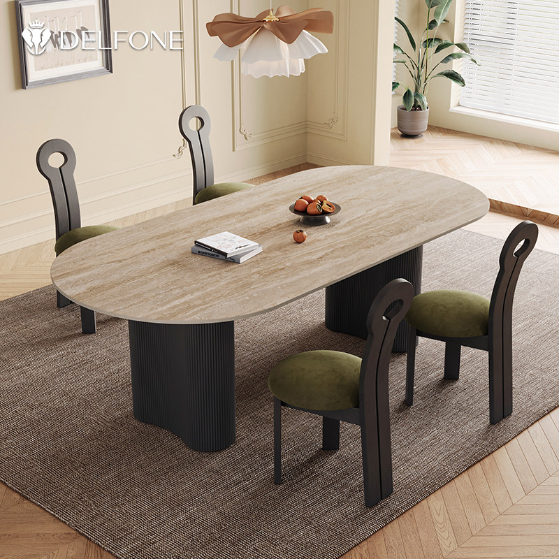 德利丰洞石岩板餐桌椭圆形法式复古设计师款中古风实木餐桌椅组合,住宅家具,岩板餐桌,淘宝优惠券,粉丝福利购,淘宝优惠卷