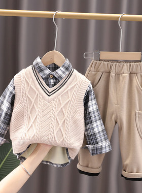 男童加绒加厚三件套宝宝冬装套装2023冬季婴幼儿外出服棉衣1-3岁4