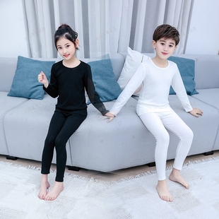 儿童白色秋衣秋裤黑色男童加绒保暖衣纯棉女童幼儿园表演打底套装