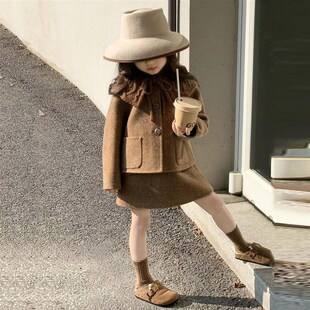 韩国童装2024秋冬新款棕色毛呢加厚套装女童大翻领西装外套半身裙