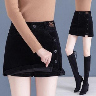 灯芯绒短裤女士2025年秋冬季新款高腰平绒a字裤裙休闲外穿靴裤子