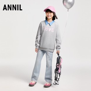 安奈儿童装女童牛仔裤2025春新款时尚微喇透气弹力浅蓝色长裤#