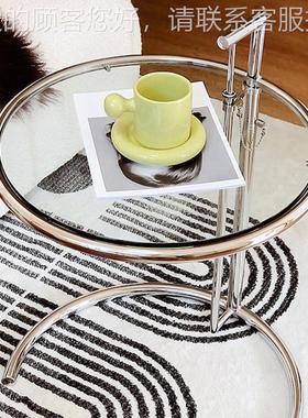 升降中古锈钢65755茶桌几网ins玻璃边几现代简约圆透不明家红用角