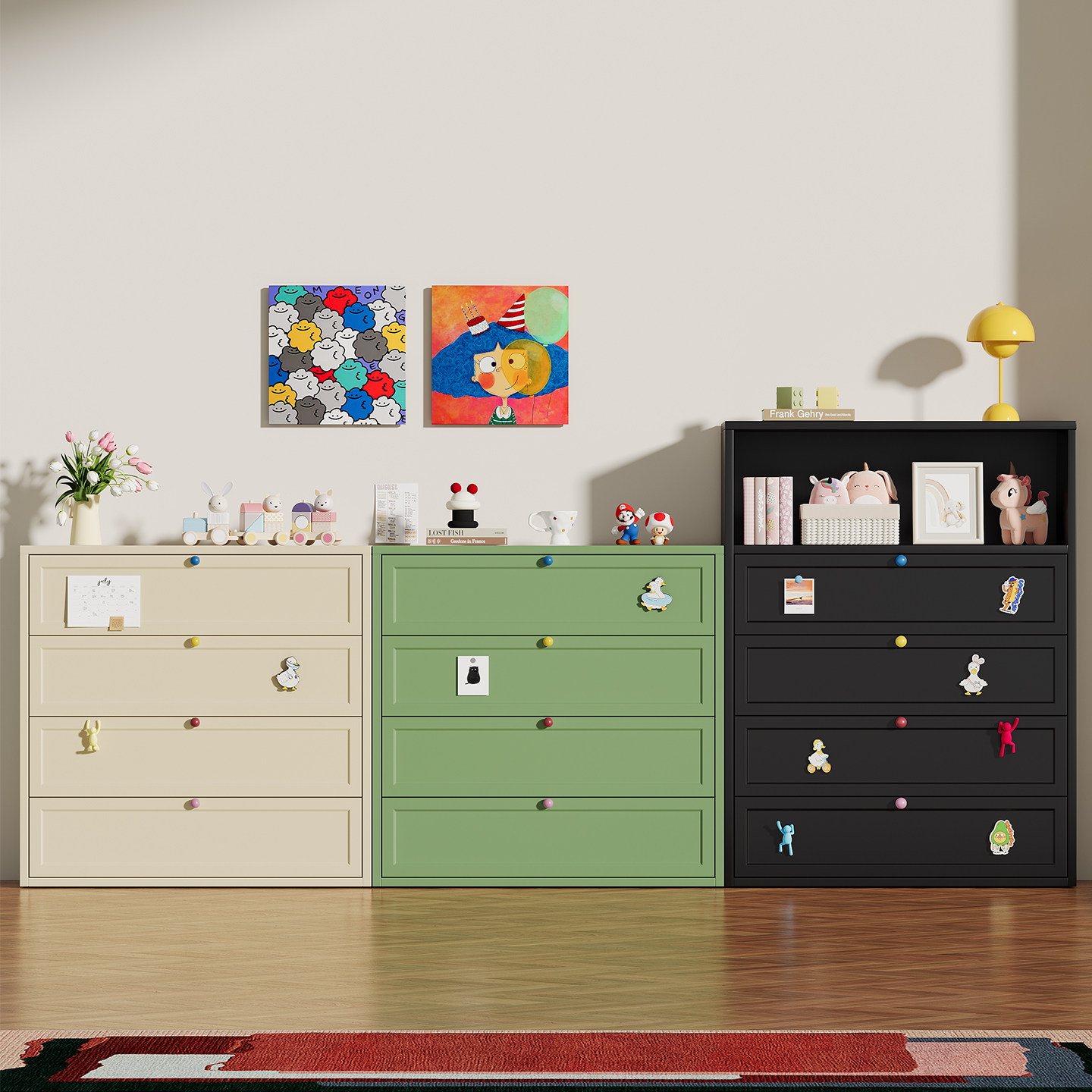 澎木钢制五斗柜客厅落地多层收纳储物柜卧室床边柜简易抽屉铁皮柜