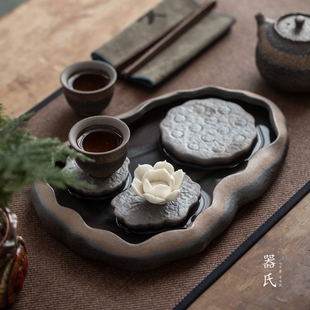 器氏 家用复古小型储水茶盘陶瓷托盘茶台 粗陶壶承茶具装