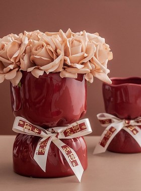 创意红色陶瓷瓶水培干鲜插瓶客厅桌面玄关装饰