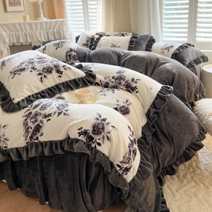 秋冬季 水墨加厚珊瑚绒被床上用品 复古保暖四件法式