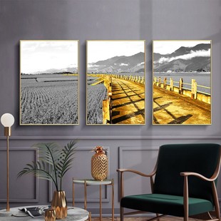 现代抽象黑白自然风景装 饰画桥梁三联画客厅沙发背景墙挂画