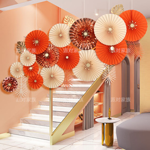 玫瑰金纸扇学校教室板报装 饰走廊吊顶挂件店铺橱窗布置氛围春夏季