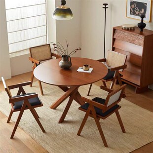 中古风实木圆形餐桌小户型家用饭桌设计师圆桌创意法式 复古休闲桌