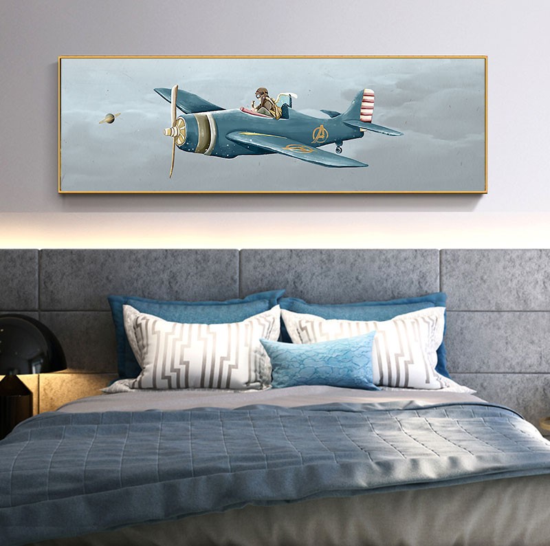 儿童房装饰画卡通飞机创意飞行员单幅男孩卧室房间床头背景墙挂画