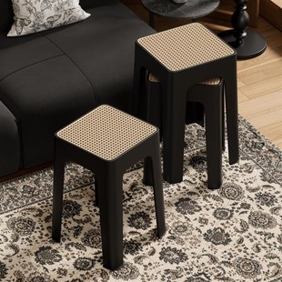 塑料凳子家用加厚可叠放藤编方凳中古高板凳现代简约客厅餐桌椅子